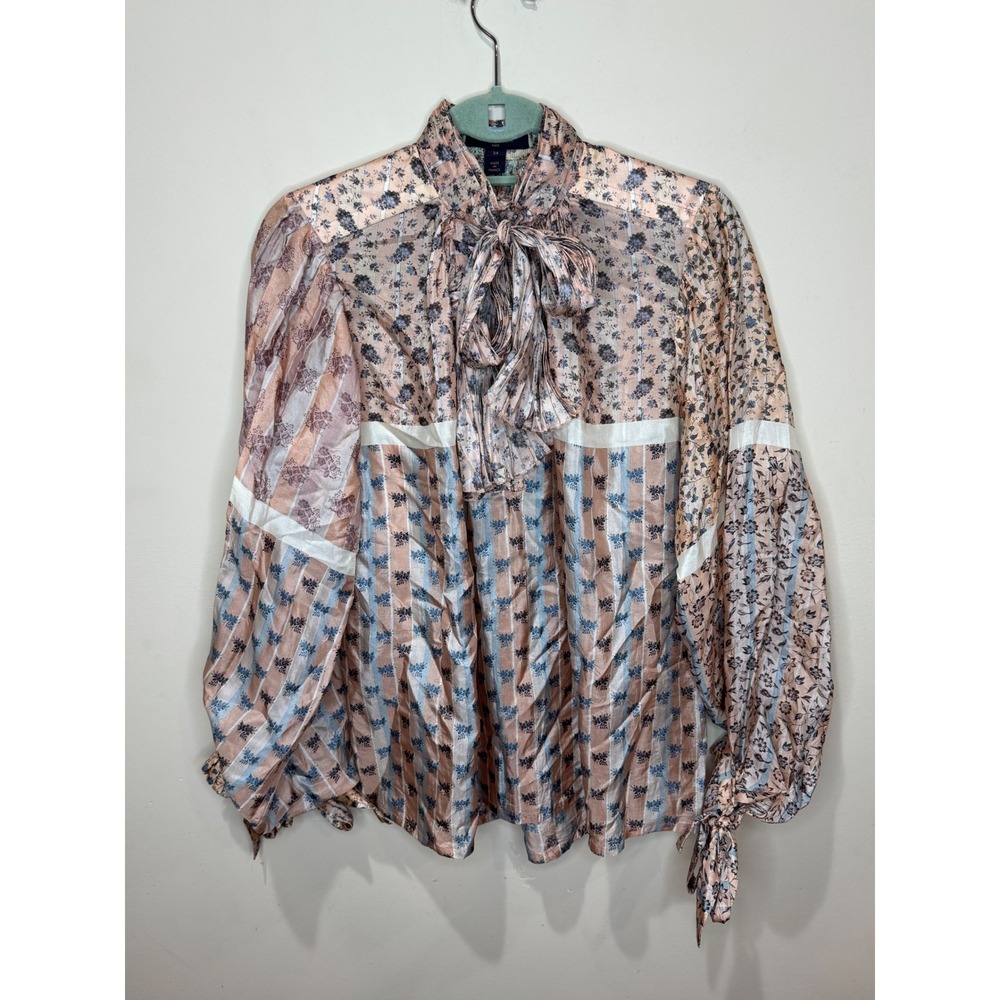 Louis Vuitton 2018 Silk Floral Striped Blouse Neck Bow Sz 34 Pink Blue